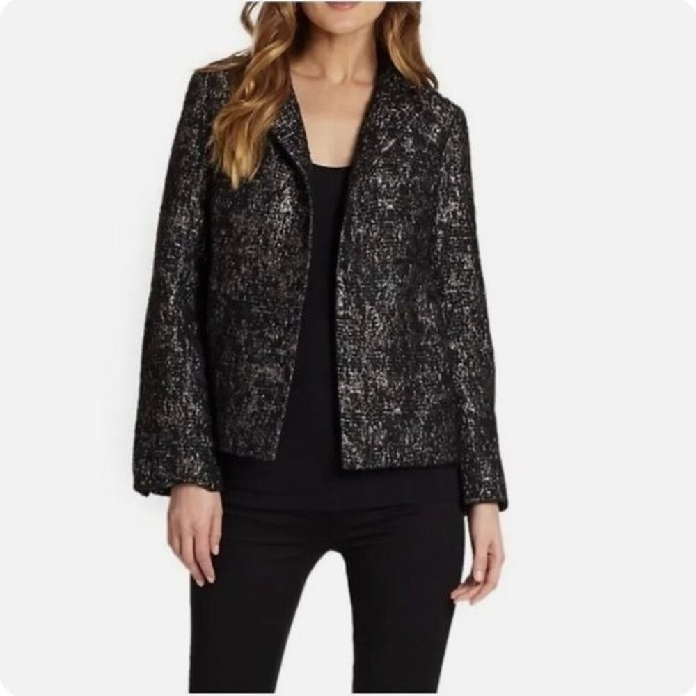 Eileen Fisher Jacquard Open Front Blazer Jacket Black Metallic Silver Medium XS